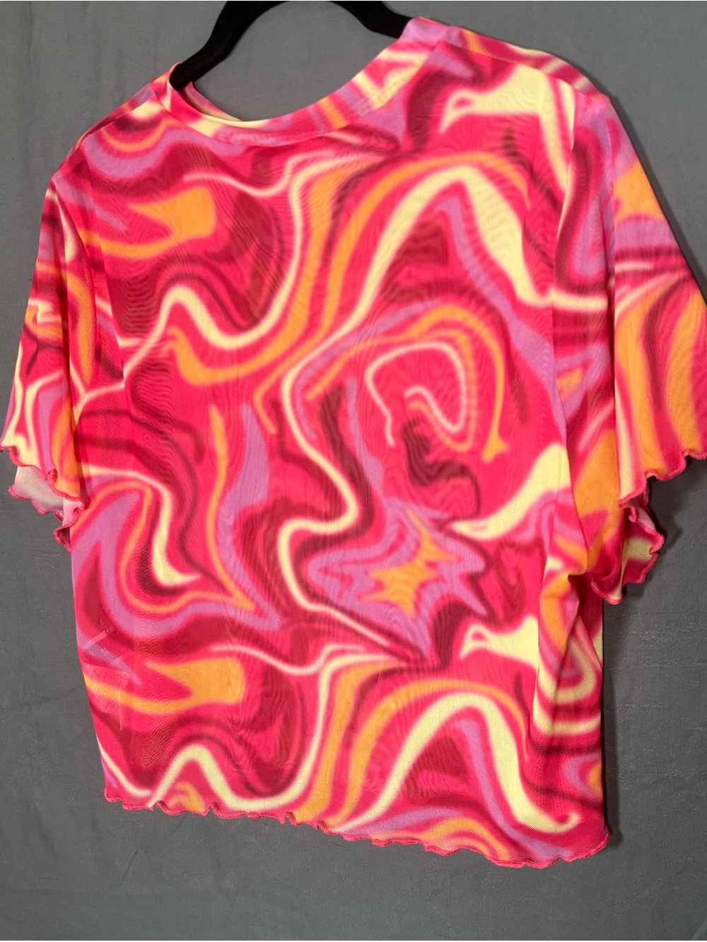 SHEIN Pink & Yellow Swirl Short Sleeve Crop-Top | Sheer Fabric